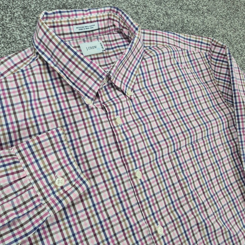J.Crew Button Down‎ Shirt Mens Large Pink Plaid 80s 2-Ply Cotton Long Sleeve